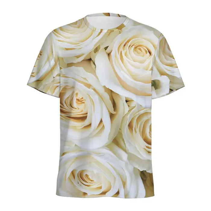 T-shirt graphique à fleurs roses rouges pour hommes et femmes, imprimé en 3D, motif floral, col rond
