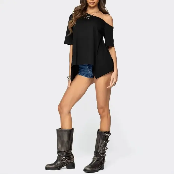 T-shirt asymétrique à épaules dénudées pour femme, manches courtes, coupe ample, ourlet irrégulier, chemisier décontracté uni