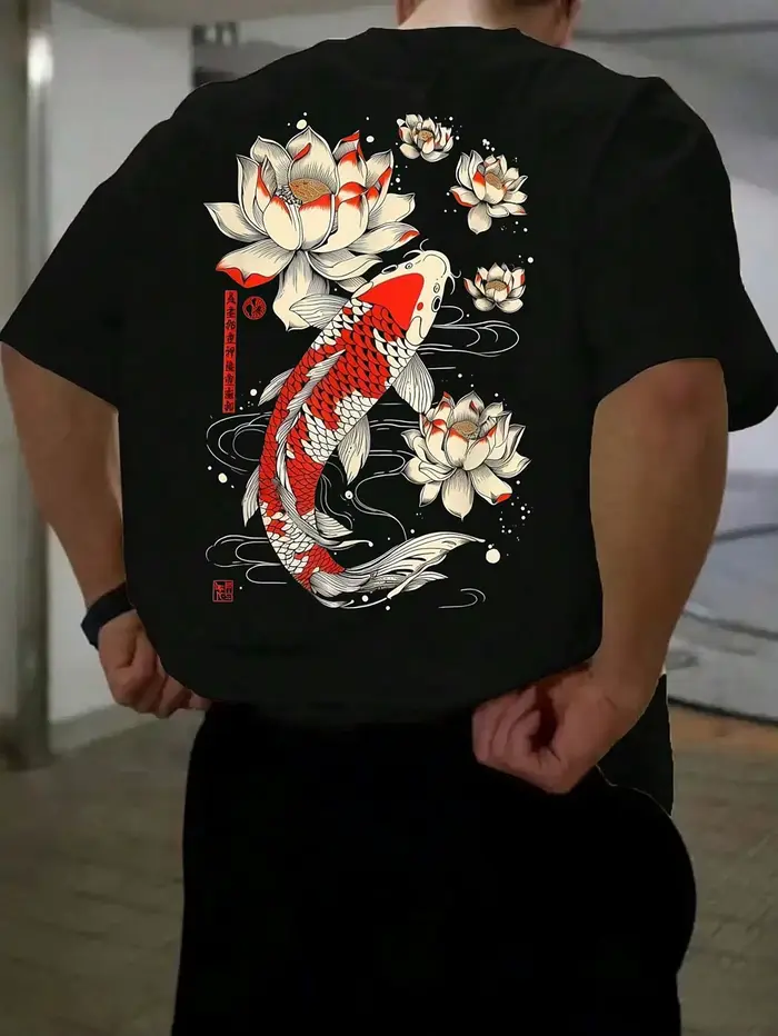 T-shirt d'été pour hommes, nouveau modèle, avec motifs de carpes et de cerises, coupe ample, col ron
