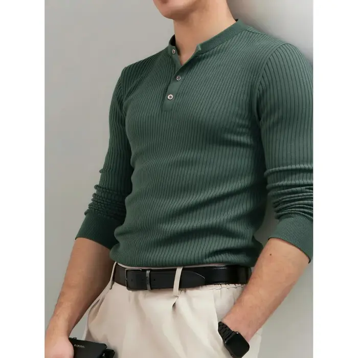 AIOPESON bouton patte Polo hommes côtelé rayure à manches longues coupe contemporaine minimaliste automne hiver Premium haut d'affaires