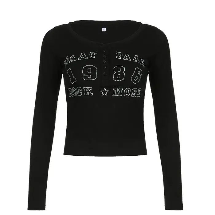 T-shirt noir femmes automne lettre imprimer Streetwear manches longues col rond moulante haut sexy b