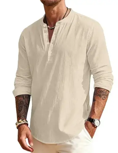 Chemise en lin pour homme, Henley, manches longues, couleur unie, décontractée, respirante, ample, p