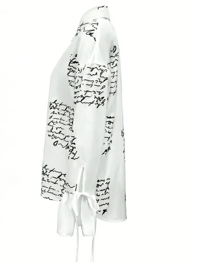 Chemise boutonnée blanche à imprimé script pour femme - Blouse décontractée à manches longues avec poignets à nouer pour le bureau et le style urbain