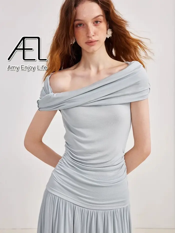 AEL femmes été coupe ajustée haut élastique Sexy asymétrique T-Shirt décontracté extensible Blouse pour dames