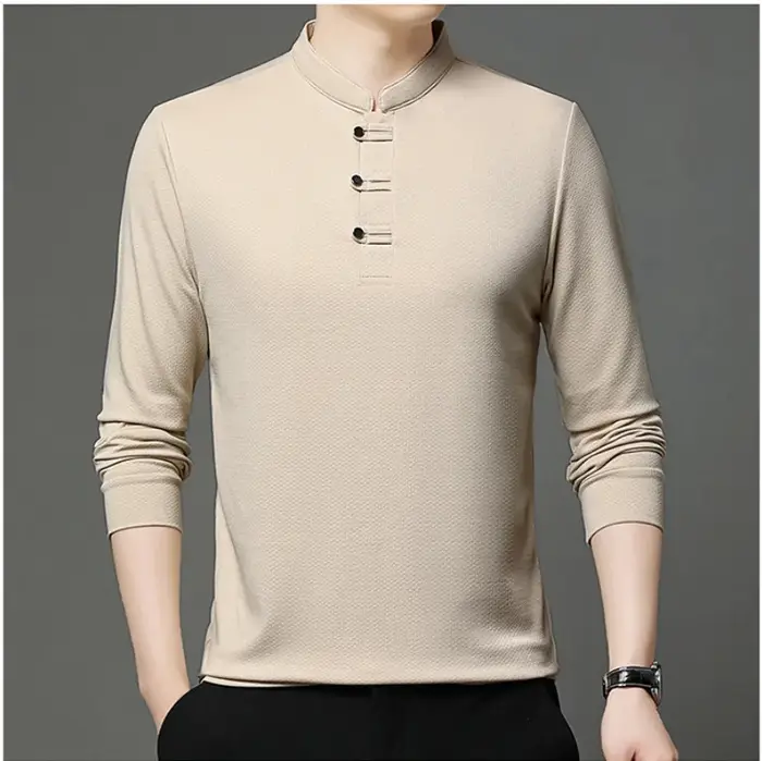 Printemps automne hommes Style chinois col montant polos mode coupe ajustée à manches longues polos 