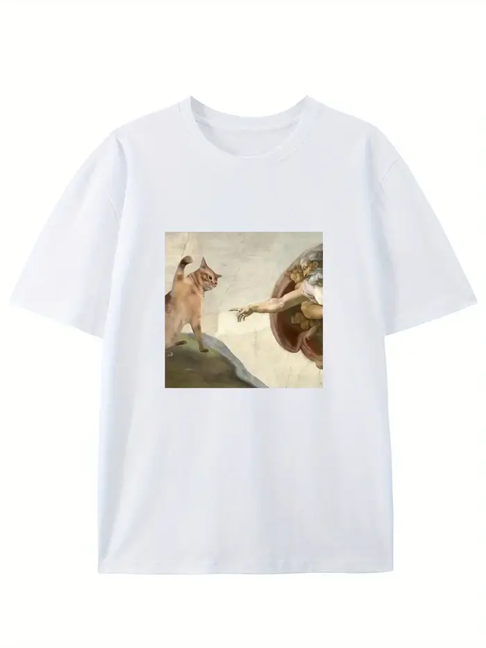 Chat humoristique et Adam Creation parodie graphique T-Shirt décontracté col rond coupe manches cour