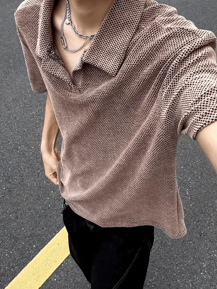 Polo Homme Vintage Texturé à Manches Courtes Col Rabattu – T-shirt Décontracté Élégant Couleur Unie Été 2026