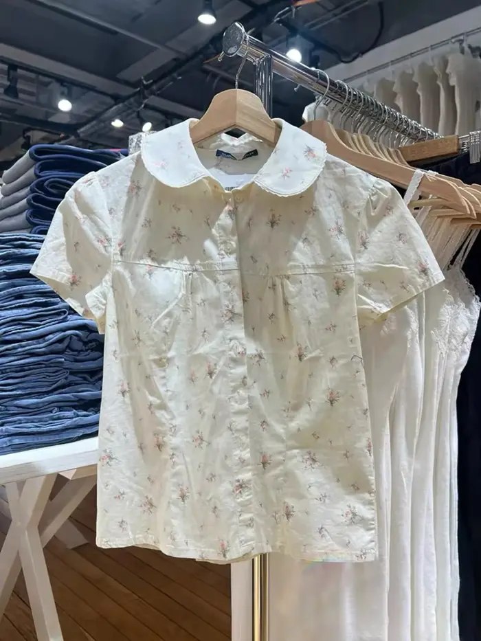 Doux rouge Floral T-shirt Blouse femme été col panoramique simple boutonnage manches courtes t-shirts décontracté