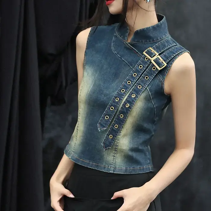 Haut en Denim pour femmes, nouveau T-shirt rétro d'été 2025, col montant, T-shirt court polyvalent à la taille