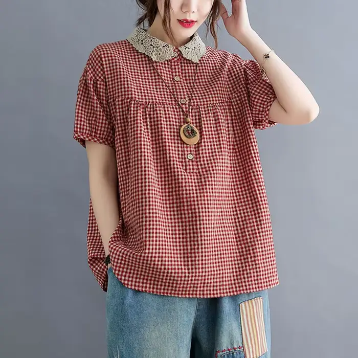 Chemises décontractées en coton et lin pour femmes, style vintage, col claudine, imprimé à carreaux,