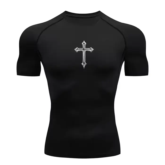 T-shirt de compression imprimé croisé pour hommes, T-shirt athlétique chrétien, hauts de sport, sous