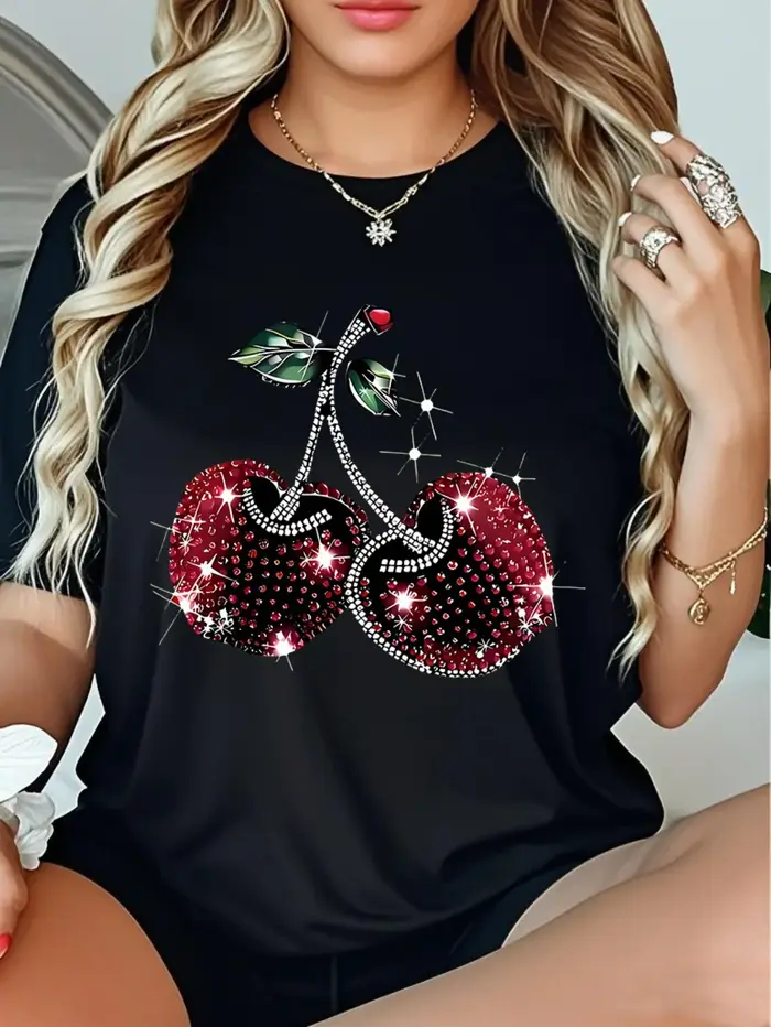 T-shirt pour femme à imprimé cerises scintillantes