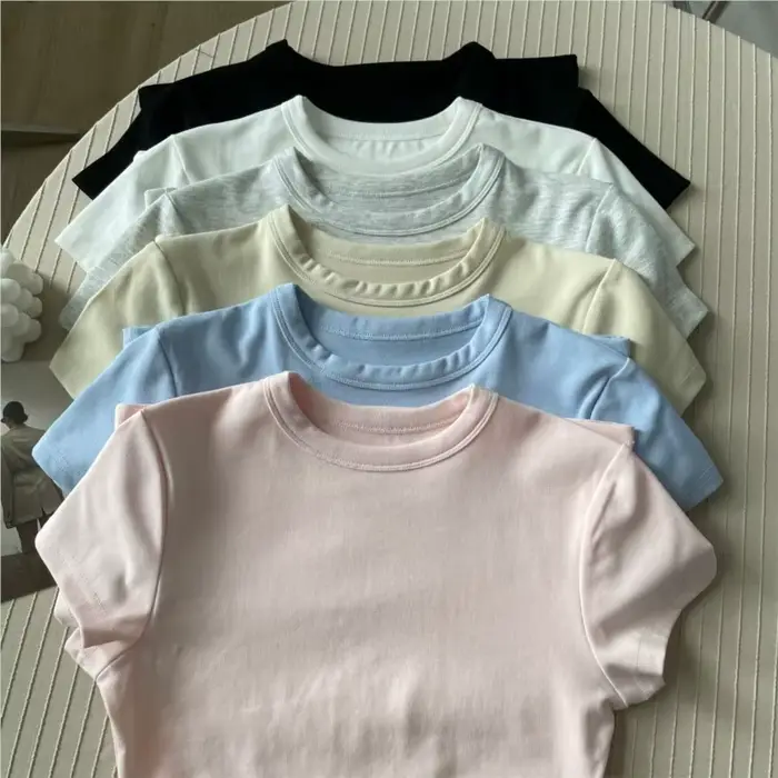 T-shirts en coton rose à col rond pour femmes
