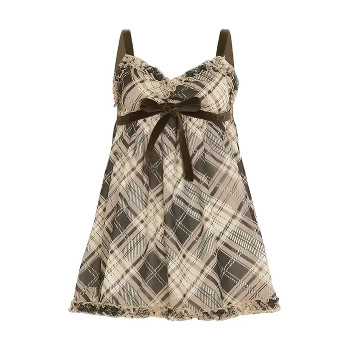 PixieKiki Débardeurs à carreaux marron pour femmes Gyaru Japanese 2000s Y2k Summer Bow Frill V Neck
