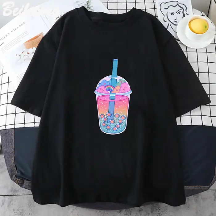 Boba Tea – T-shirt noir à manches courtes pour femme