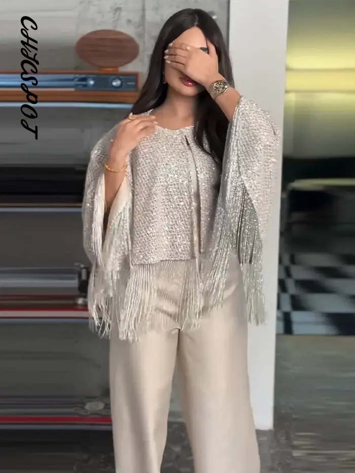 Tops châles oversize à sequins et franges pour femmes, col rond sexy, manches longues, brillants, coupe ample, capes chic pour soirées et clubs
