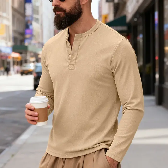 2025 nouveaux hommes à manches longues Henley chemises printemps automne quotidien décontracté coule