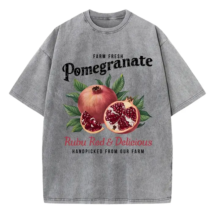 T-shirt délavé en coton pour femmes, imprimé grenade brillant, surdimensionné, col rond, confortable