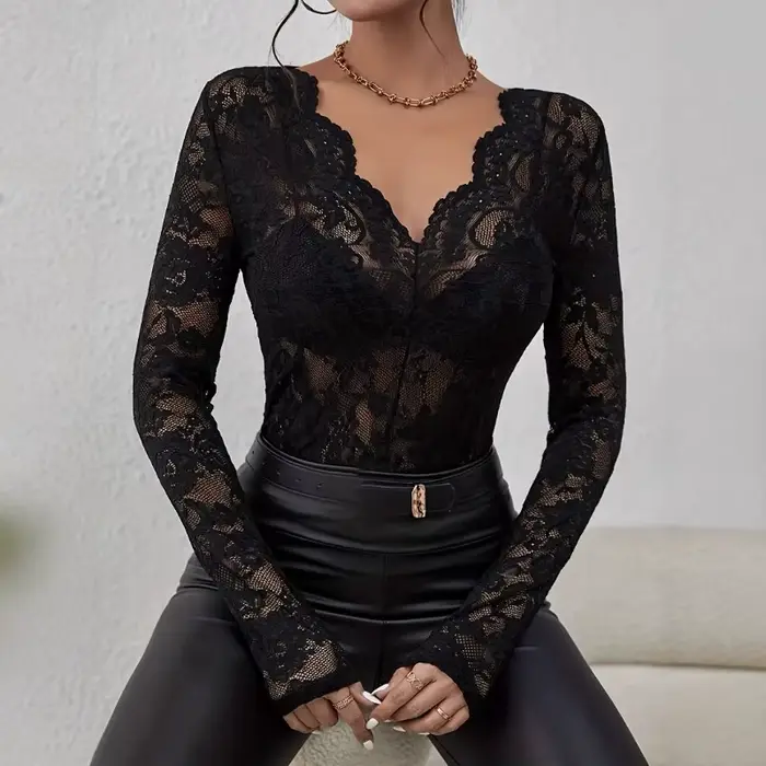 Femmes Sexy couche de Base chemise solide noir pure dentelle haut mince fleur pétoncle garniture col en V à manches