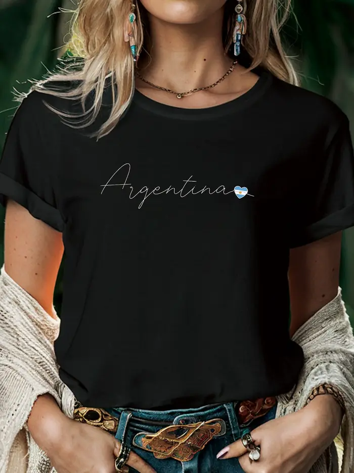Argentine Femmes T-shirt mode d'été T-shirt à manches courtes imprimé col rond T-shirt style décon