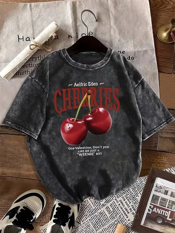 T-shirt vintage délavé à motif cerises pour femme - Manches courtes