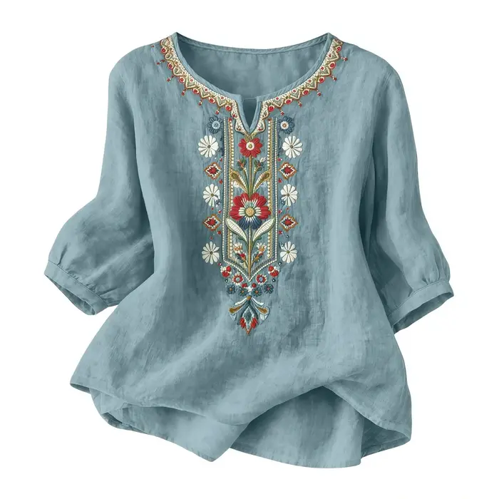 Chemises en lin d'été pour femmes Broderie rétro Tops amples à manches 3/4 Tuniques décontractées Blouses Boho Chemise de plage de vacances Blusas