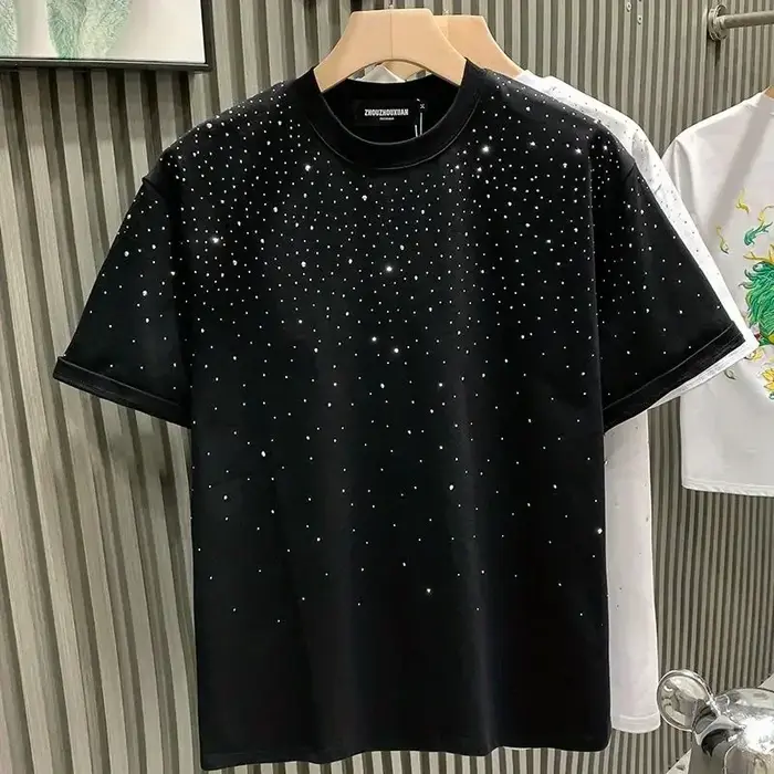 Nouveau luxe hommes T-shirt diamant chaud imprimé demi manches mode col rond décontracté été haut de gamme
