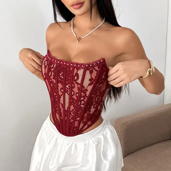 Femmes dentelle perles bandeau hauts sans manche gilet push up coquette corset récolte cami taille mince sexy débardeur bustier tubulaire camisas vêtements