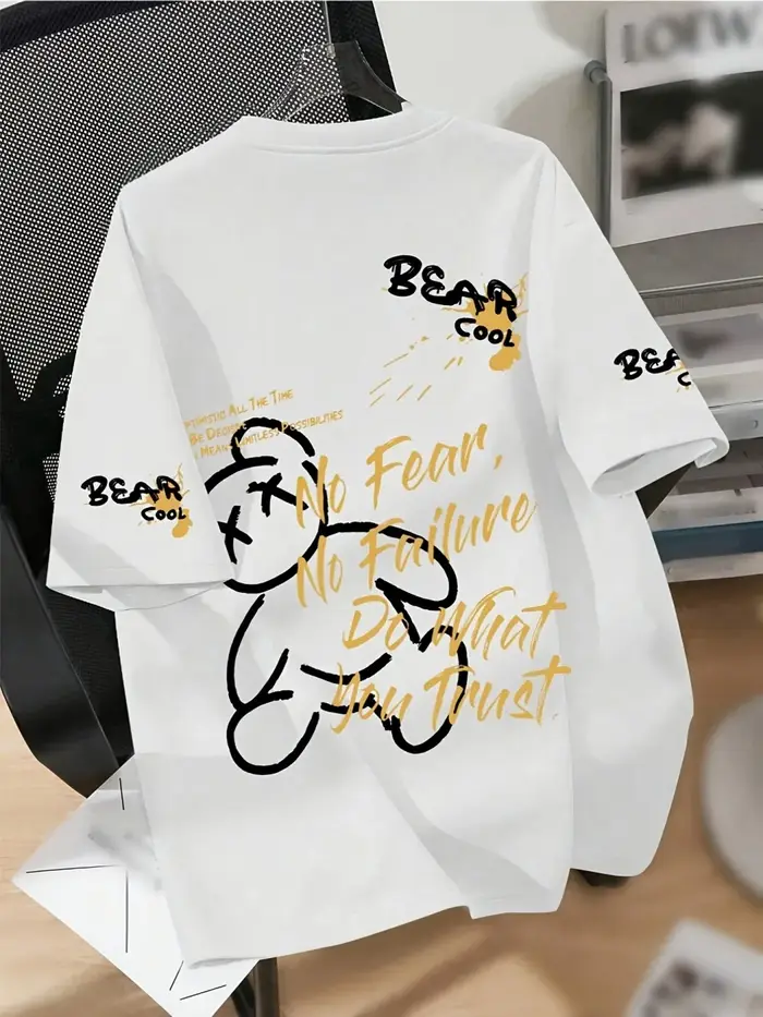 T-shirt d'été respirant pour homme à col rond avec imprimé ours de dessin animé