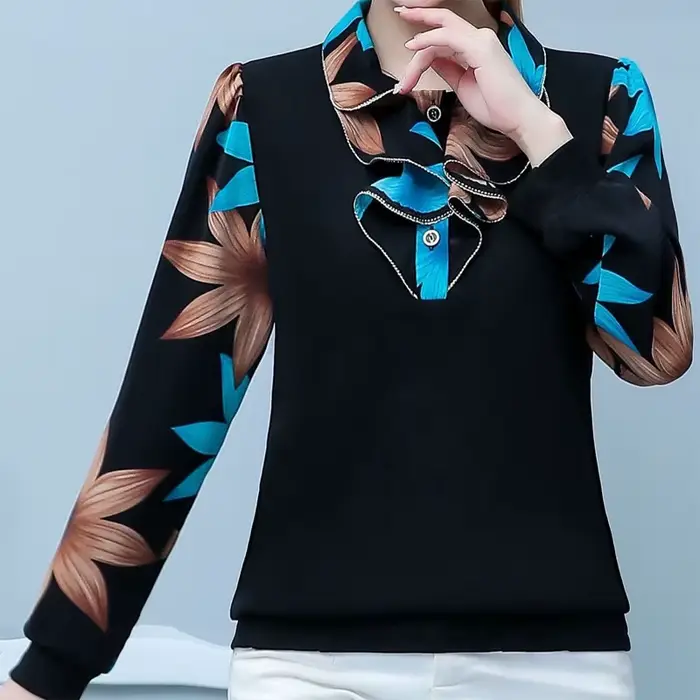 T-shirt à volants imprimé floral pour femme, pulls à manches longues, col à volants, bouton chic épi
