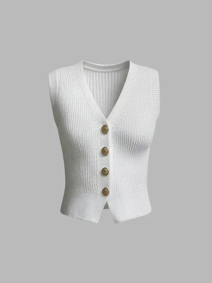 Nouveau Gilet Tricoté Sans Manches Col V pour Femme, Collection Été 2026, avec Boutons Métalliques e