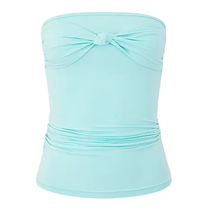 Débardeur Femme Y2K Sexy Coquette, Couleur Unie, Coupe Ajustée, Sans Bretelles, Froncé avec Nœud sur le Devant, Extensible, Décontracté, pour l'Été, la Plage et les Vacances