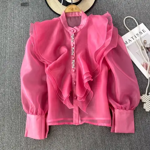 Chemisier à volants en organza pour femmes, chic, maille perlée, transparent, élégant, mode coréenne