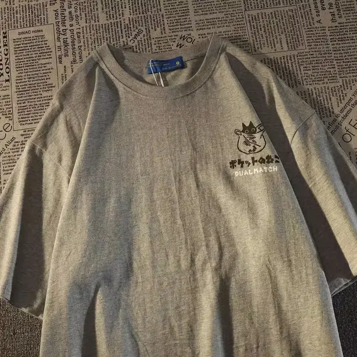 Été japonais rétro poche chat dessin animé imprimé à manches courtes T-shirt hommes femmes Couples u