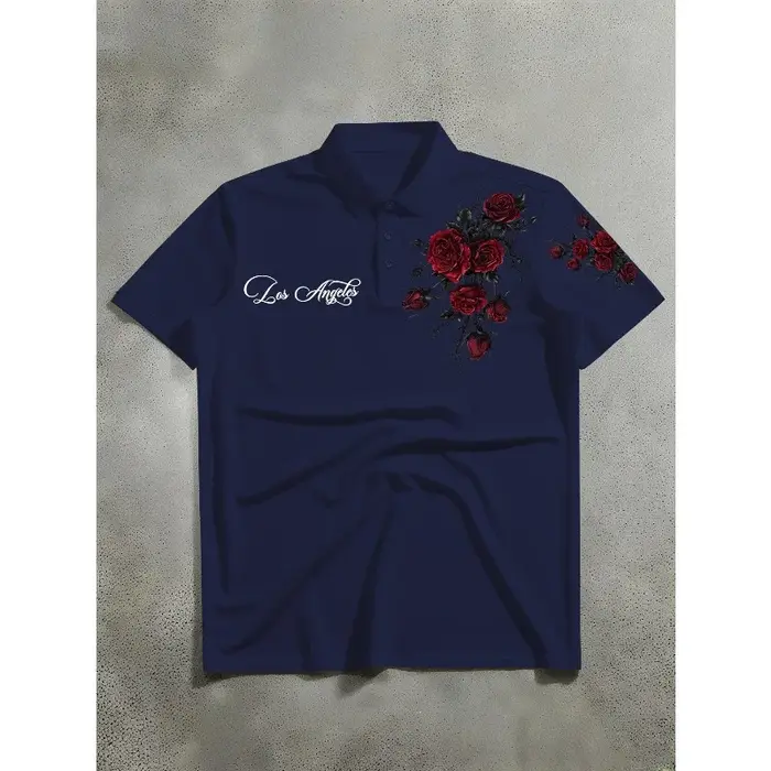 Polo à manches courtes pour homme avec imprimé de roses rouges et de épines