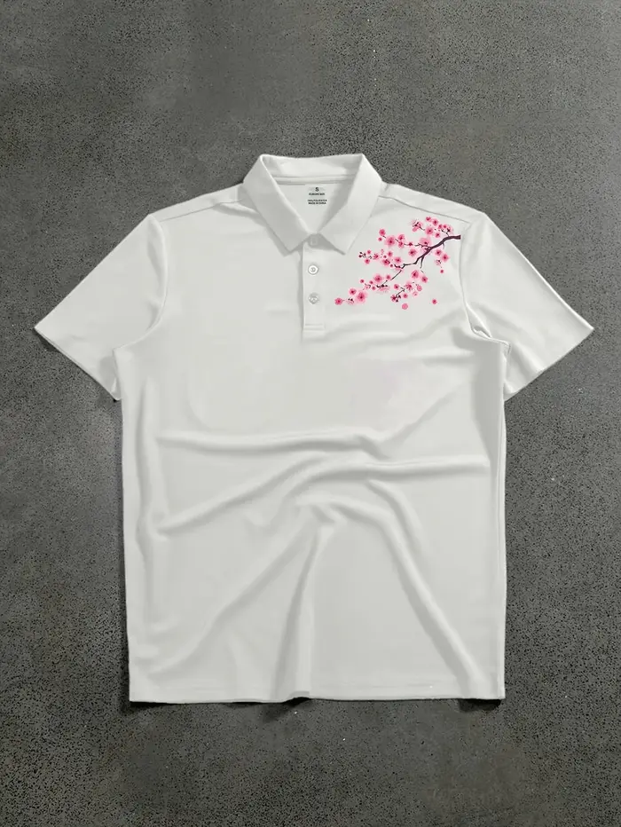 T-shirt polo à manches courtes pour homme avec imprimé fleurs de cerisier dans un style décontracté et coupe ample
