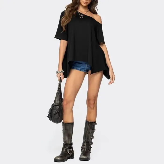 T-shirt asymétrique à épaules dénudées pour femme, manches courtes, coupe ample, ourlet irrégulier, chemisier décontracté uni