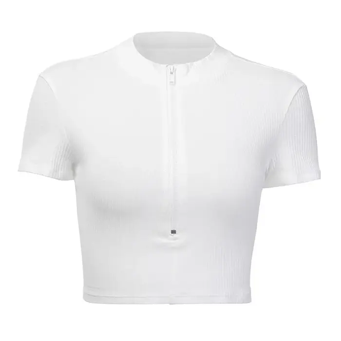 T-shirt à manches courtes pour femme, col montant, fermeture éclair, rayé, haut court, mince, solide