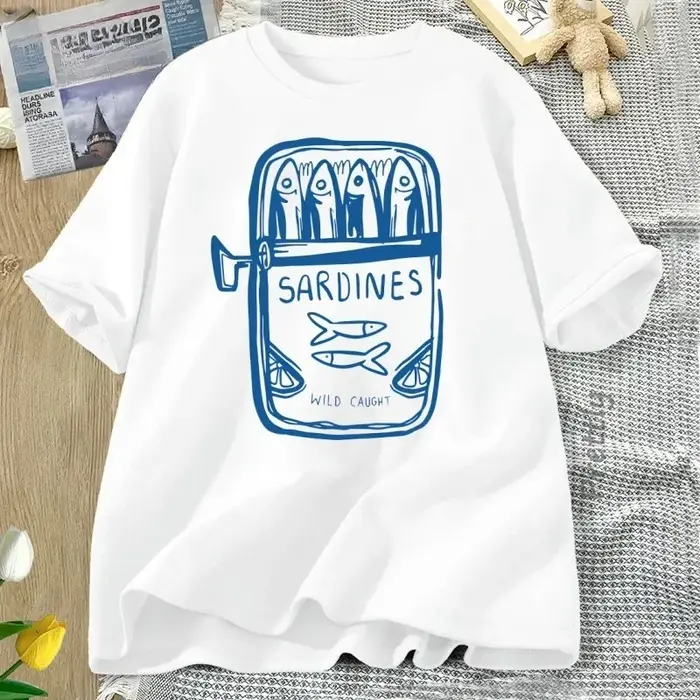 Sardine pêcheur plage imprimé à manches courtes t-shirt décontracté col rond