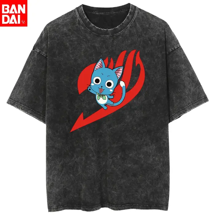T-shirt délavé vintage avec logo du Groupe des Happy Cat de Fairy Tail