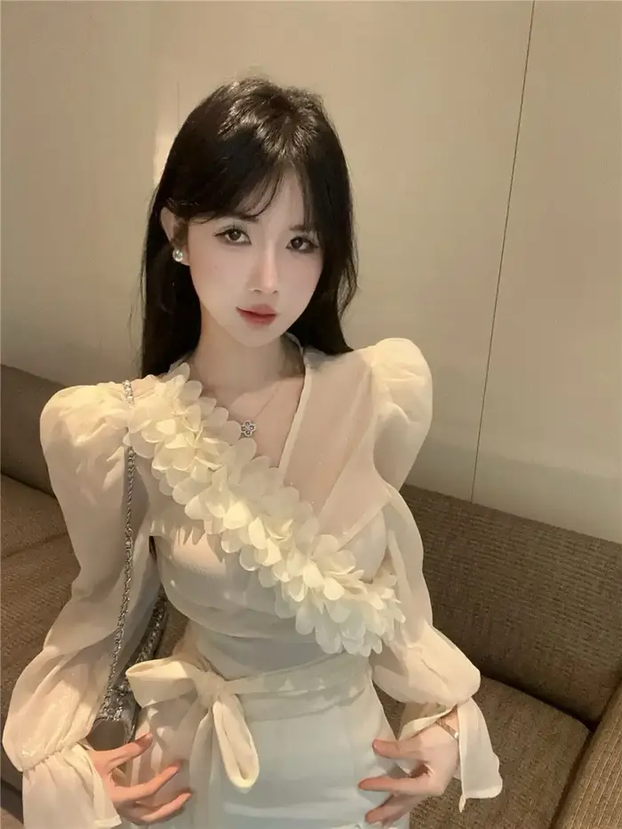 Chemise française en mousseline de soie à manches bouffantes pour femmes, petit haut français à col 