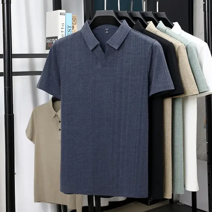 Chemises polo à manches courtes en lin mélangé texturé pour hommes, hauts décontractés, résistants a