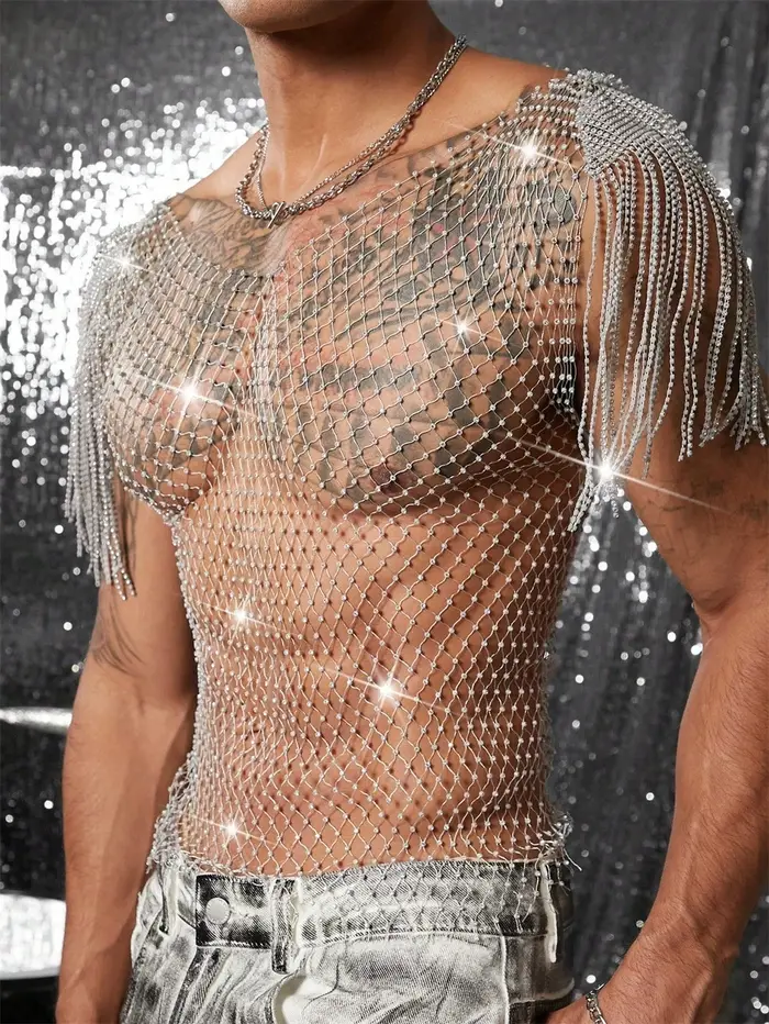 Débardeurs brillant strass résille évider haut hommes maille voir à travers gland T-Shirt homme fête Clubwear gilet Transparent