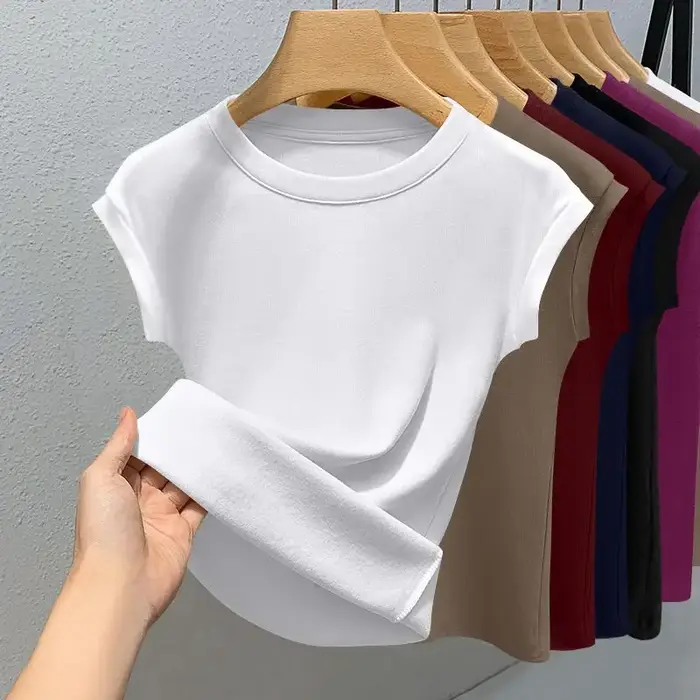 Nouveau T-shirt sans manches pour femme, tendance, décontracté, coupe ajustée, col rond, côtelé, cou
