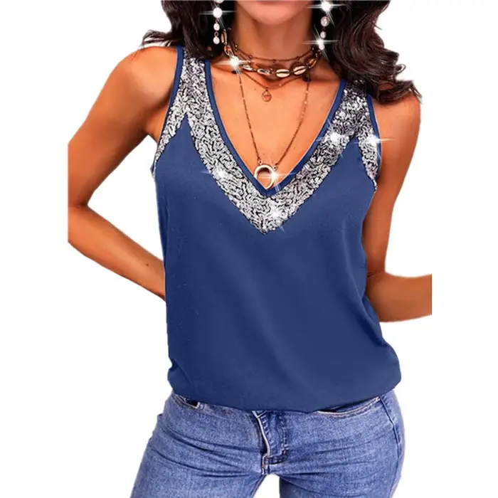 T-Shirt à Paillettes et Col en V pour Femme