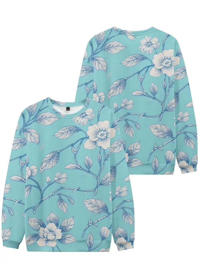 Sweat-shirt à col rond bleu doux avec imprimé Floral élégant, haut décontracté unisexe à manches lon