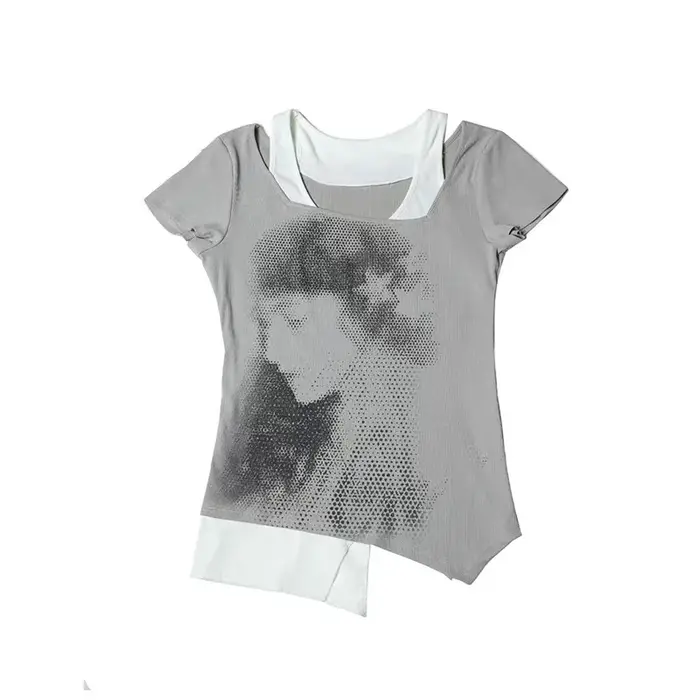 T-shirt à manches courtes patchwork vintage, faux deux pièces grunge, esthétique irrégulière, t-shir