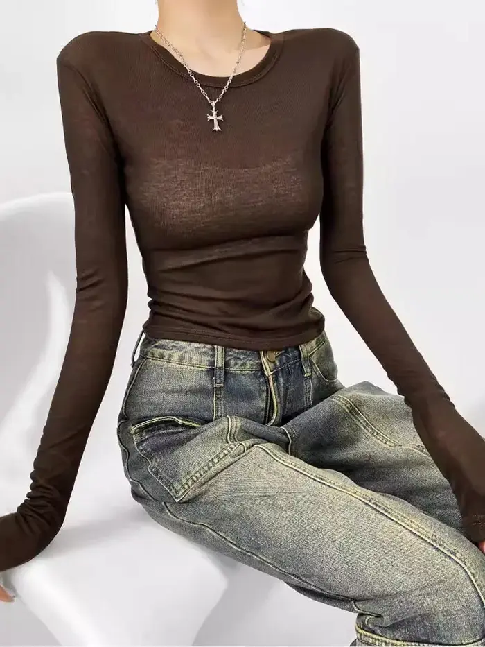 T-shirt semi-transparent ajusté à col rond pour femme, manches longues