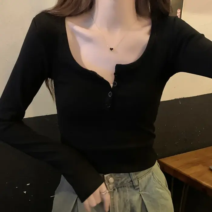 Femmes fileté mince T-Shirt bouton demi col ouvert à manches longues couleur unie haut ajusté printe
