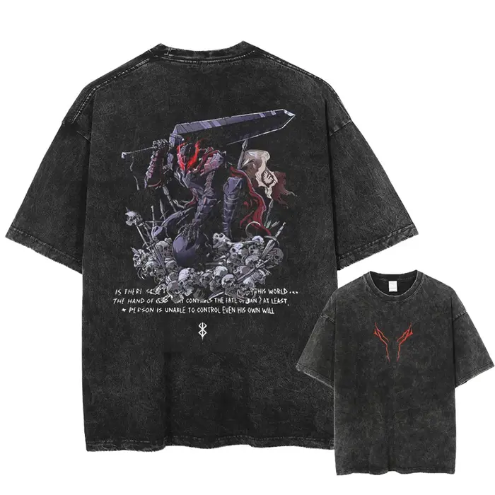 Berserk-T-shirt vintage en coton délavé pour homme et femme